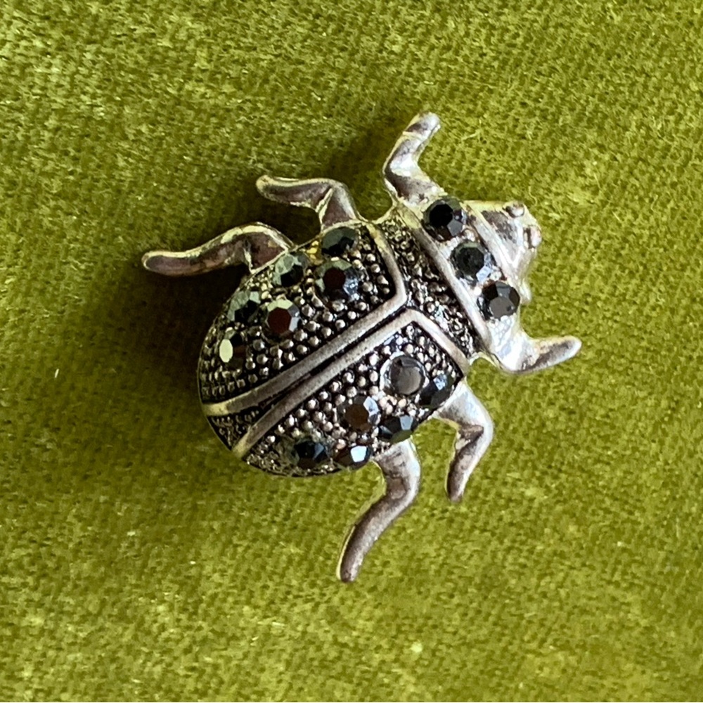 Silver Tone Scarab Brooch with Black Rhinestones
